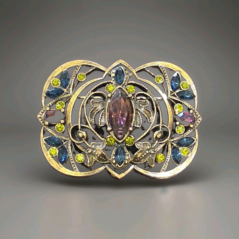 Vintage Gold Tone Openwork Brooch Purple Blue Olivine Rhinestone Pin